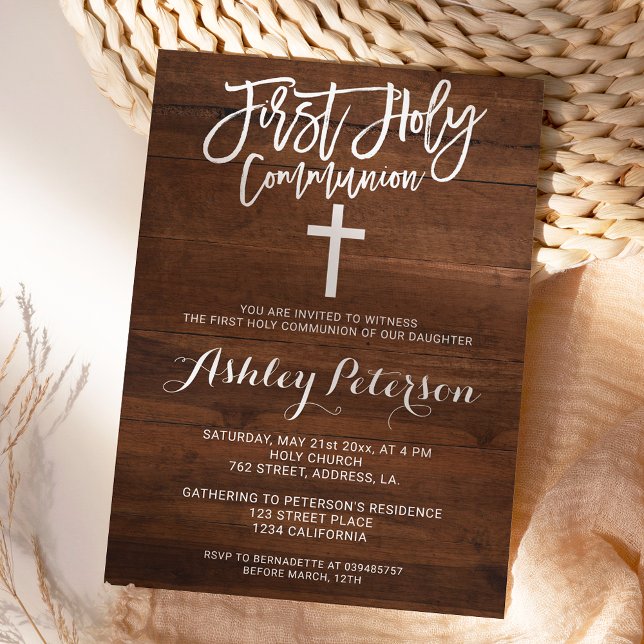 Rustic brown wood first holy communion invitation (Creator Uploaded)