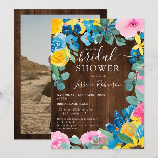 Rustic brown wood floral photo bridal shower invitation (Front/Back)
