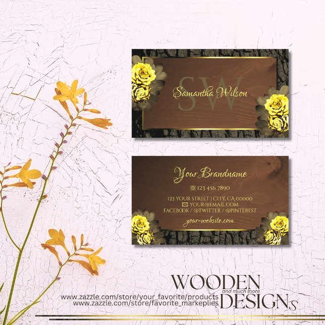 Rustic Brown Wood Grain Tree Bark Floral Monogram Business Card (Creator Uploaded)