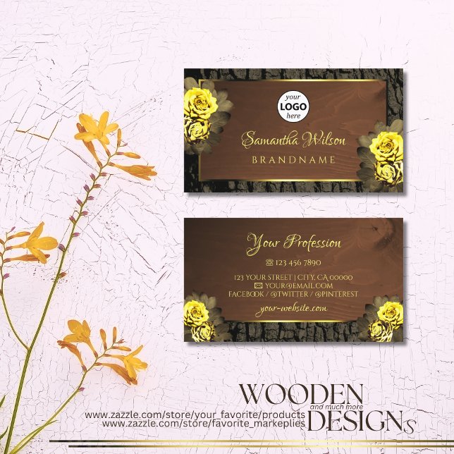 Rustic Brown Wood Grain Tree Bark Floral with Logo Business Card (Creator Uploaded)