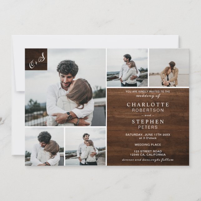 Rustic brown wood initials 6 photos wedding invitation (Front)