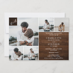 Rustic brown wood initials 6 photos wedding invitation