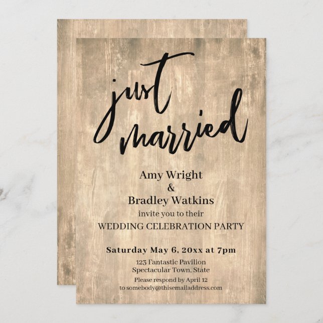 Rustic Brown Wood Just Married Wedding Reception Invitation (Front/Back)