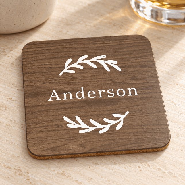 Rustic Brown Wood Laurel Monogram Name Coaster (Creator Uploaded)