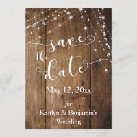 Rustic Brown Wood, Light Strings Save the Date