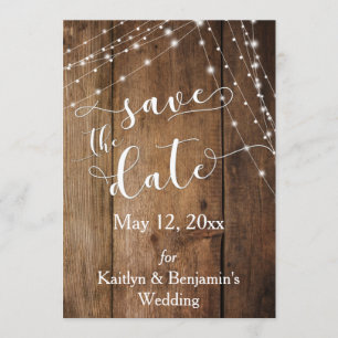 Rustic Brown Wood, Light Strings Save the Date