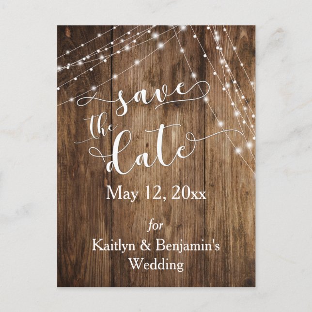 Rustic Brown Wood, Light Strings Save the Date Announcement Postcard (Front)