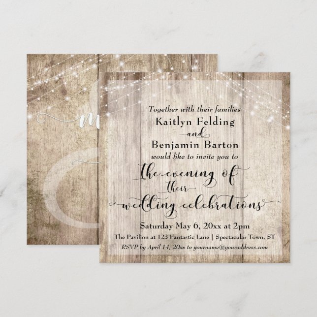Rustic Brown Wood & Lights Evening Wedding Events Invitation (Front/Back)