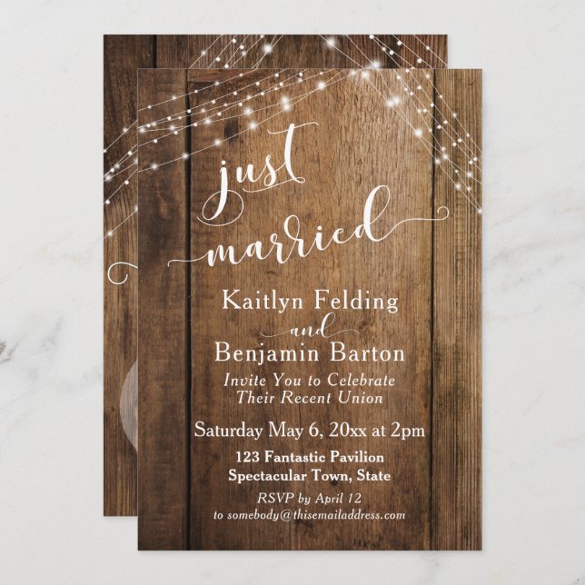 Rustic Brown Wood & Lights Just Married Event Invitation (Front/Back)