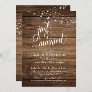 Rustic Brown Wood Lights Just Married Reception Invitation