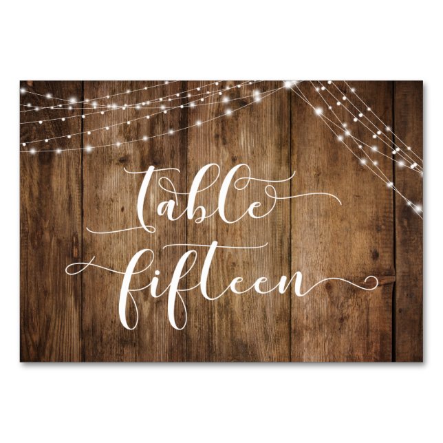Rustic Brown Wood & Lights Table Fifteen Card (Front)