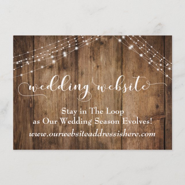 Rustic Brown Wood & Lights Wedding Website Enclosure Card (Front)