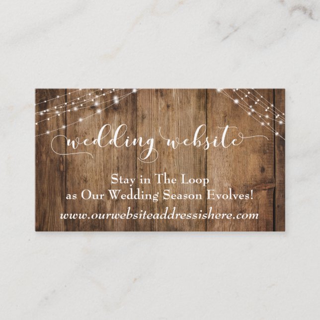 Rustic Brown Wood & Lights Wedding Website Enclosure Card (Front)