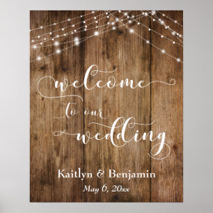 Rustic Brown Wood & Lights Wedding Welcome Sign