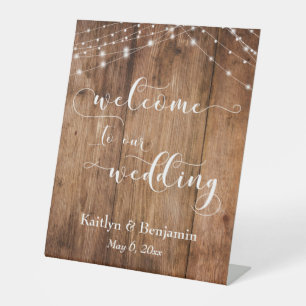 Rustic Brown Wood & Lights Wedding Welcome Sign