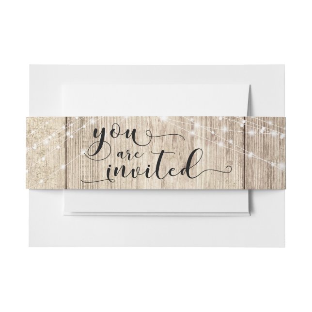 Rustic Brown Wood & Lights "You are Invited" Invitation Belly Band (Front Example)