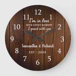 Rustic Brown Wood Love Quote Wedding Anniversary Large Clock