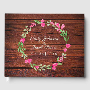 Rustic Brown Wood Pink Floral Country Wedding Guest Book