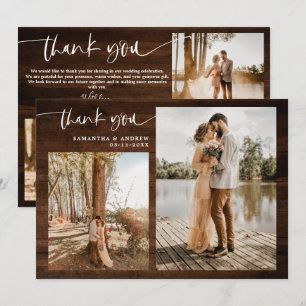 Rustic brown wood script 5 photo thank you wedding card