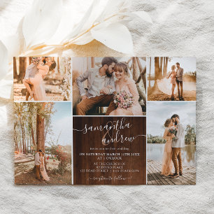 Rustic brown wood script 6 photos wedding invitation