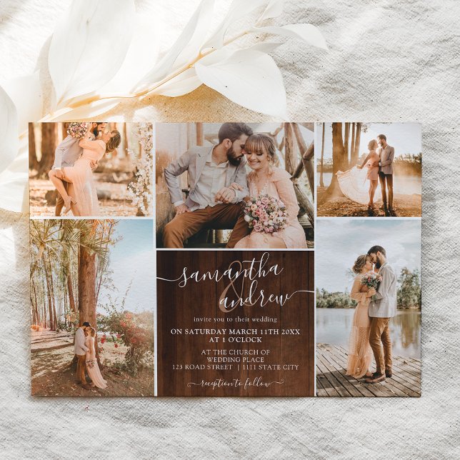 Rustic brown wood script 6 photos wedding invitation (Creator Uploaded)