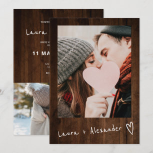 Rustic brown wood script heart 2 photos wedding invitation