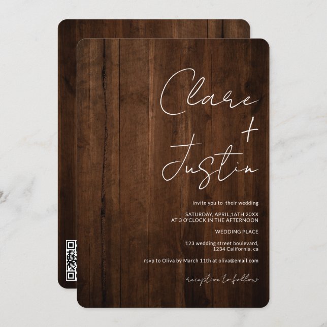 Rustic brown wood script names qr code wedding invitation (Front/Back)