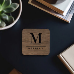 Rustic Brown Wood Serif Monogram Name Coaster