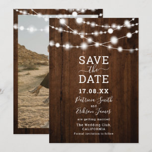 Rustic brown wood string light photo save the date