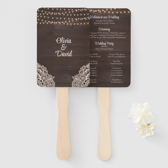 Rustic Brown Wood String Light Wedding Program Hand Fan (Front and Back)