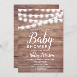 Rustic brown wood string lights baby shower invitation