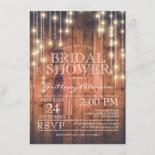 Rustic Brown Wood String Lights   Bridal Shower Invitation