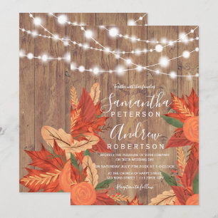 Rustic brown wood string lights orange wedding invitation