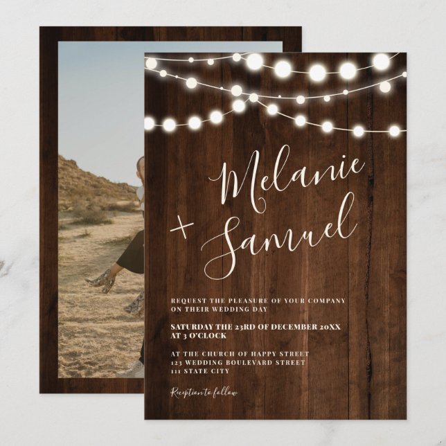 Rustic brown wood string lights photo wedding invitation (Front/Back)