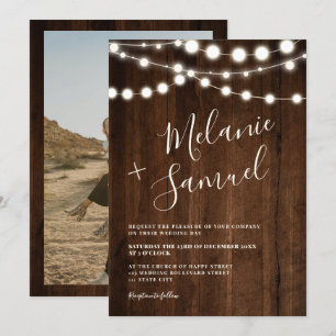 Rustic brown wood string lights photo wedding invitation