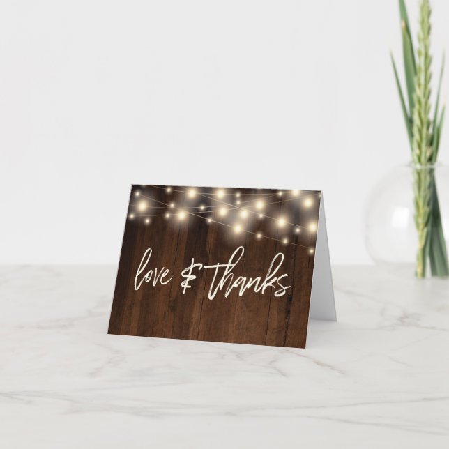 Rustic Brown Wood String Lights Thank You Card (Front)
