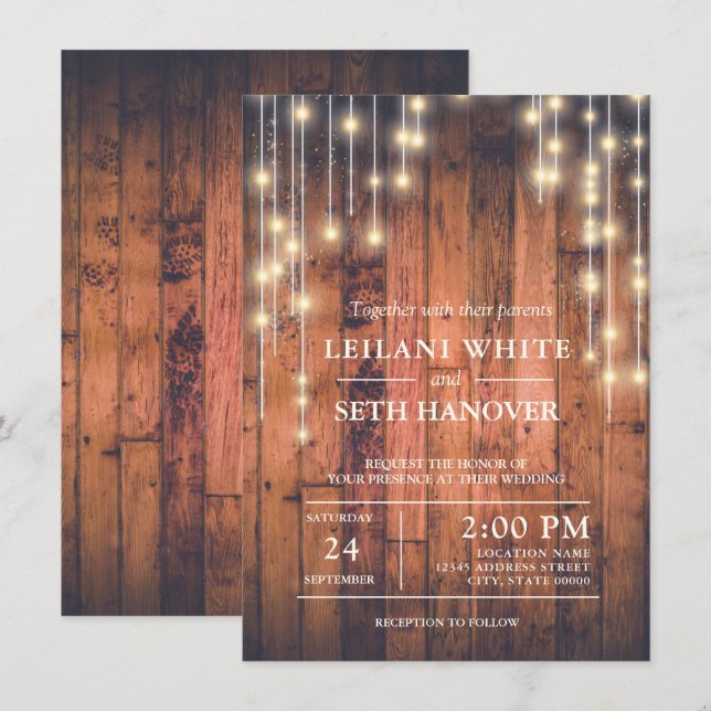 Rustic Brown Wood String Lights Wedding Invitation (Front/Back)