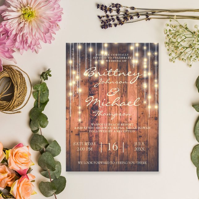 Rustic Brown Wood String Lights | Wedding Invitation (Creator Uploaded)