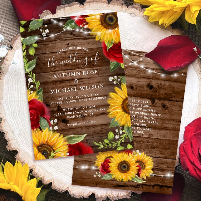 Rustic Brown Wood Sunflower and Red Rose Wedding Invitation (Rustic sunflower and red rose wedding invitations on an elegant brown barn wood template.)
