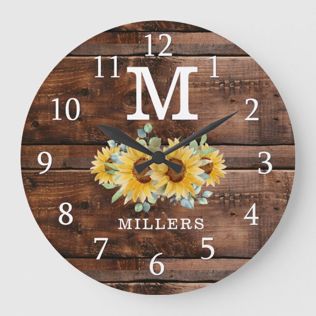 Rustic Brown Wood Sunflower Family Name Monogram  Large Clock (Front)