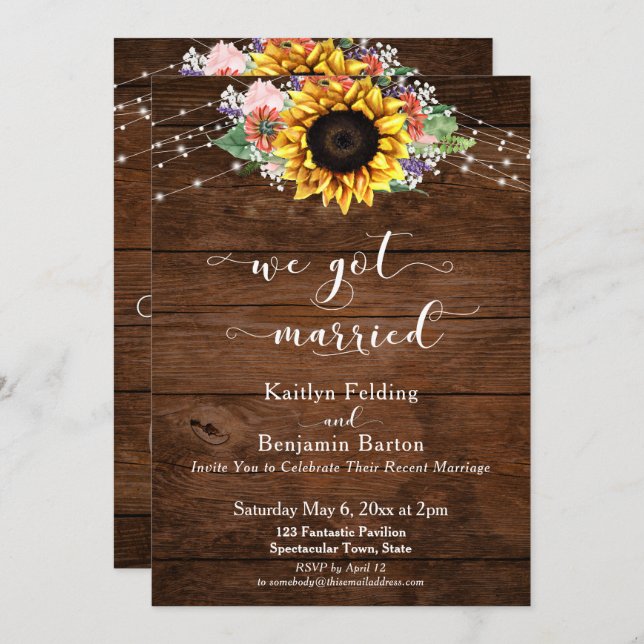Rustic Brown Wood Sunflower Lights We Got Married Invitation (Front/Back)
