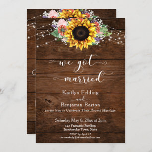 Rustic Brown Wood Sunflower Lights We Got Married Invitation