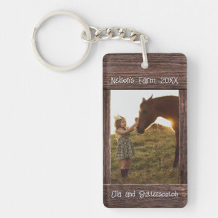 Rustic Brown Wood Text Editable Faux Photo Frame Key Ring