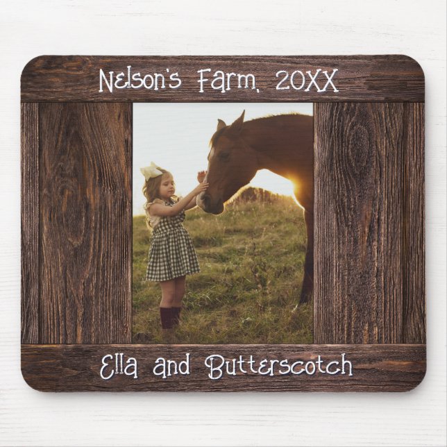 Rustic Brown Wood Text Editable Faux Photo Frame Mouse Mat (Front)