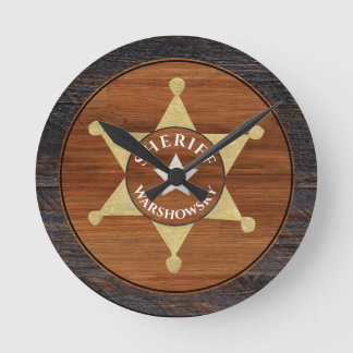 Rustic Brown Wood Tone Sheriff Badge Star  Round Clock