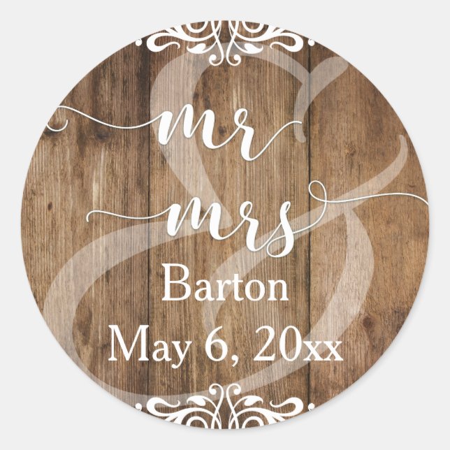 Rustic Brown Wood w/ Lace-Like Scrollwork Mr & Mrs Classic Round Sticker (Front)