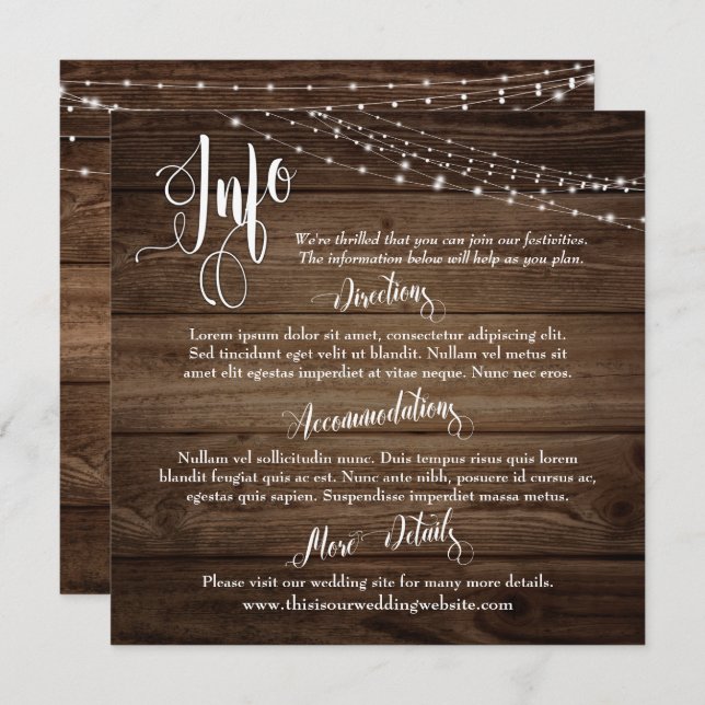 Rustic Brown Wood w/ Lights, Wedding Info Script Invitation (Front/Back)