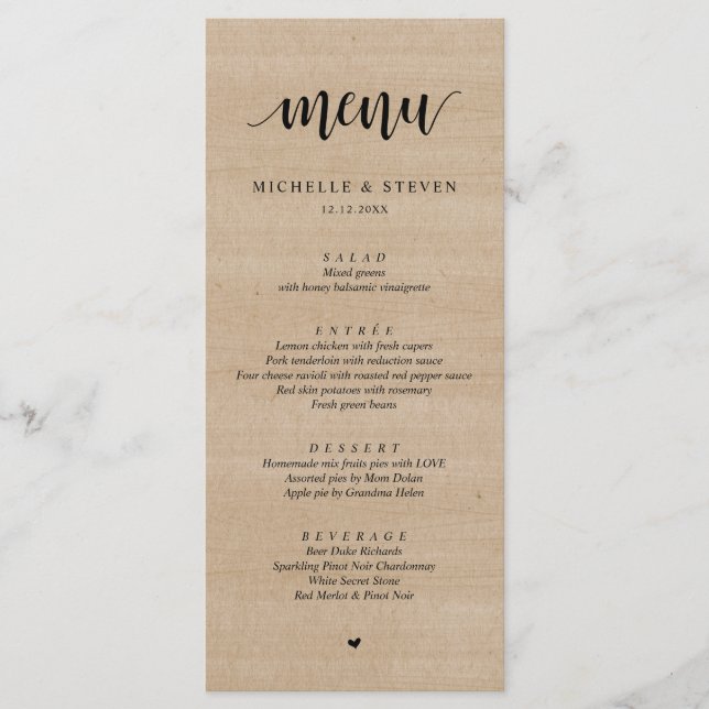 Rustic Brown Wood Wedding Elopement Dinner Menu (Front)