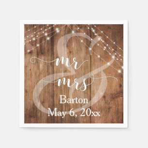 Rustic Brown Wood, White Light Strings Mr & Mrs Napkin