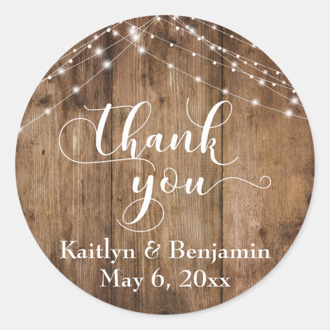 Rustic Brown Wood & White Light Strings, Thank You Classic Round Sticker (Front)